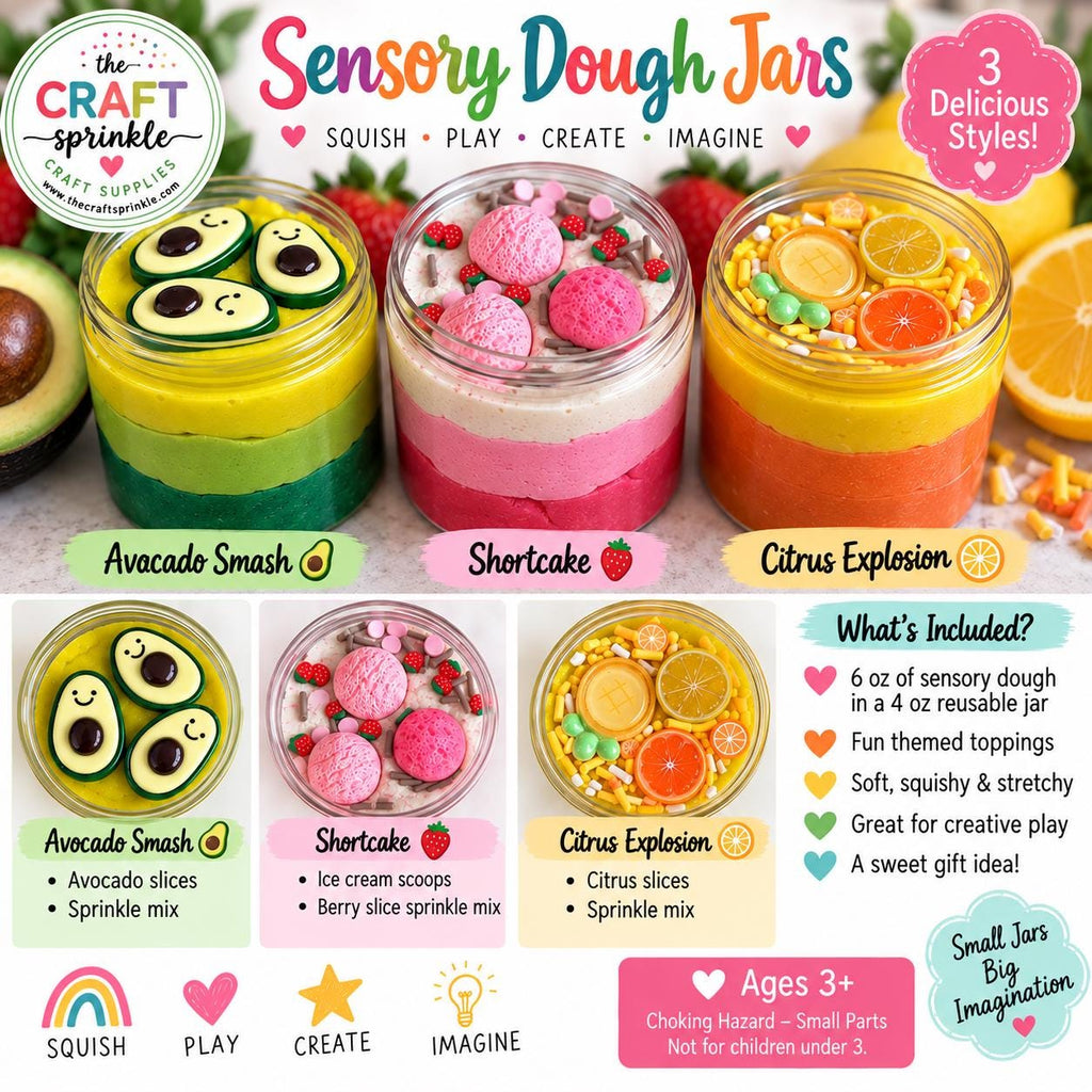 Sensory Dough Jars – Avocado Smash, Shortcake or Citrus Explosion | 6 oz Sensory Dough | Kids Sensory Play | Party Favor