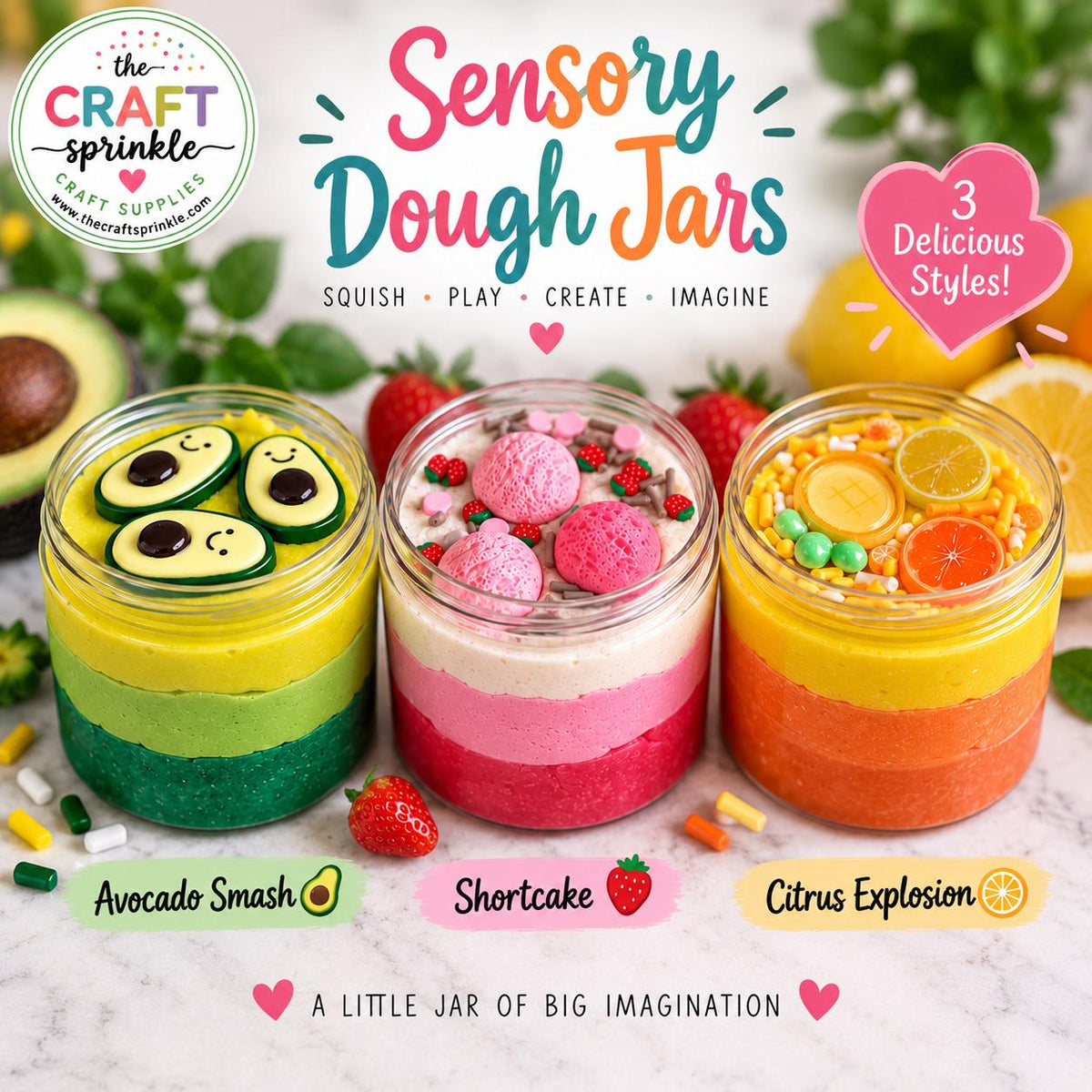 Sensory Dough Jars – Avocado Smash, Shortcake or Citrus Explosion | 6 oz Sensory Dough | Kids Sensory Play | Party Favor