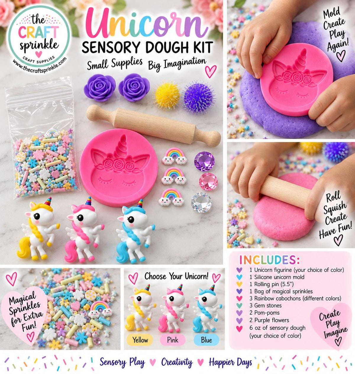 Unicorn Sensory Dough Kit, Unicorn Birthday Gift for Kids, Magical Screen Free Activity, Creative Play Set