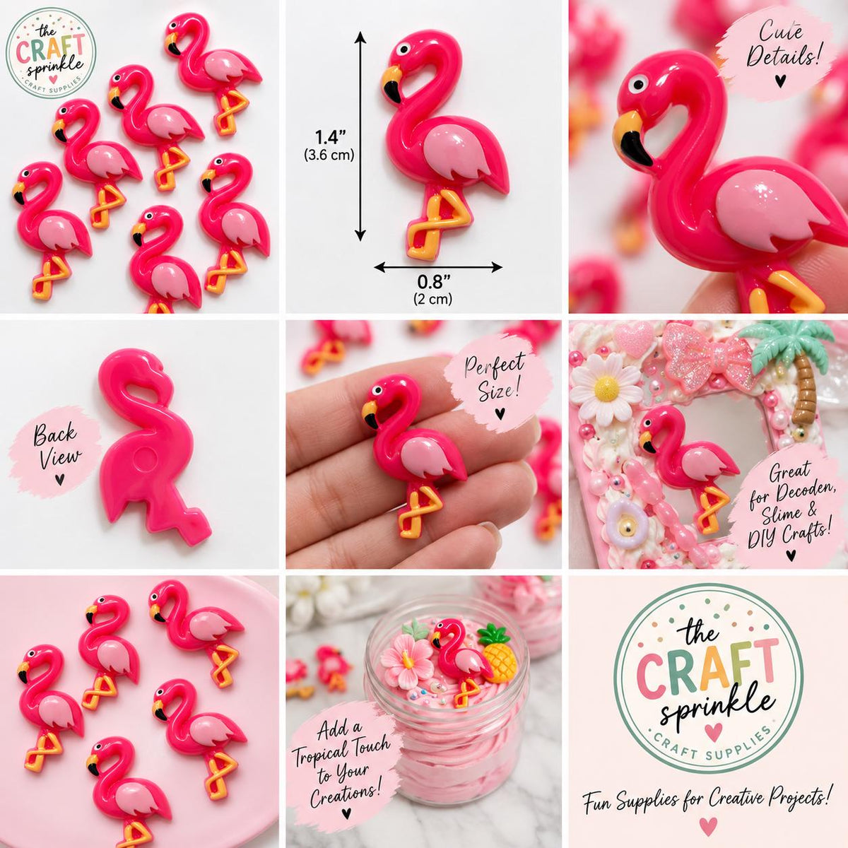 Pink Flamingo Cabochons Set of 5 –  Tropical 3D Embellishments - Decoden, Slime, DIY Craft Supplies