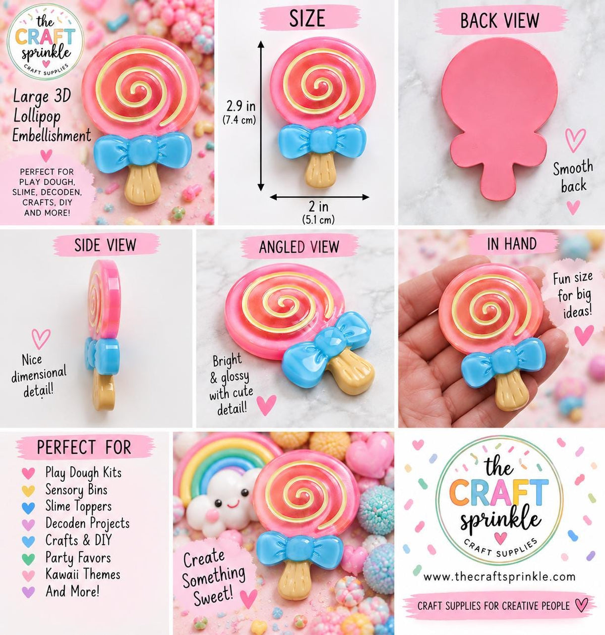 Large Pink Lollipop Charms (Set of 2) | 3D Candy Embellishment for Crafts