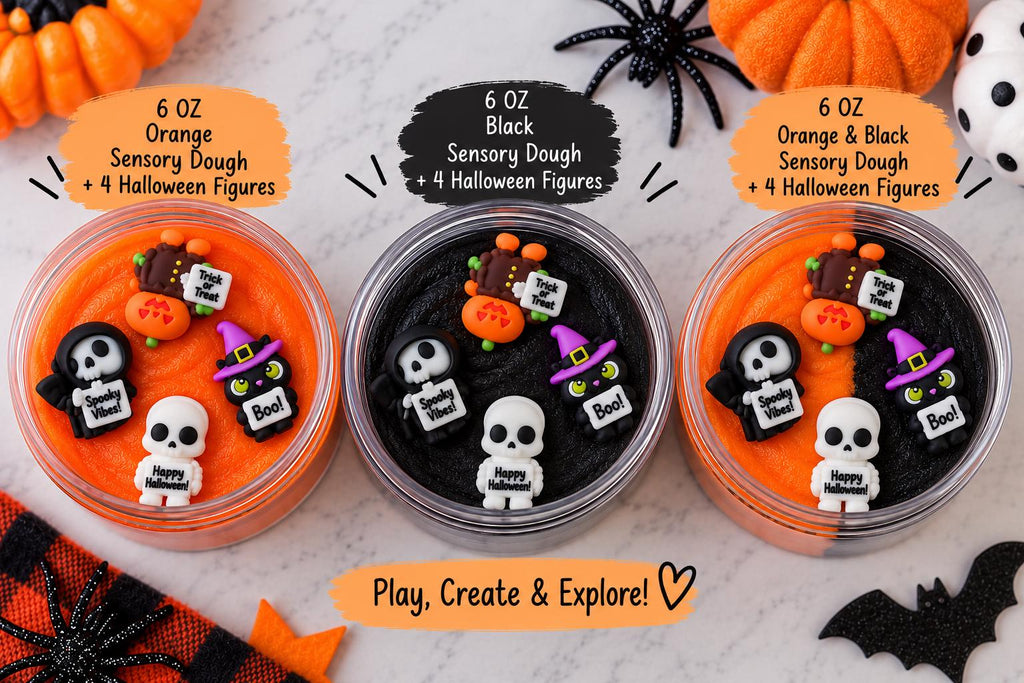 Halloween Sensory Dough Kit, 6 oz Dough + 4 Halloween Figures, Choose Orange Black or Mixed, Boo Basket Gift, Kids Halloween Activity