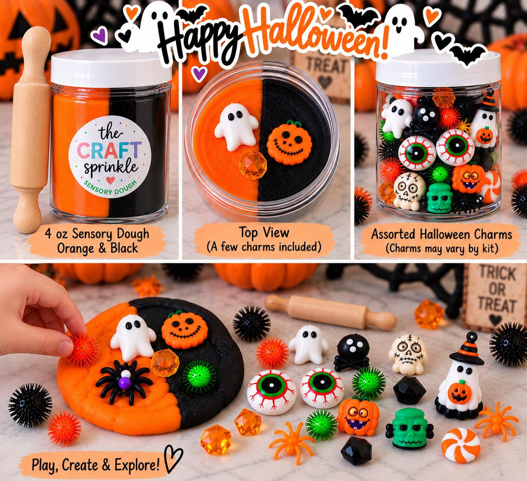 Halloween Sensory Dough Kit | Orange & Black Dough + Spooky Trinkets + Mini Rolling Pin