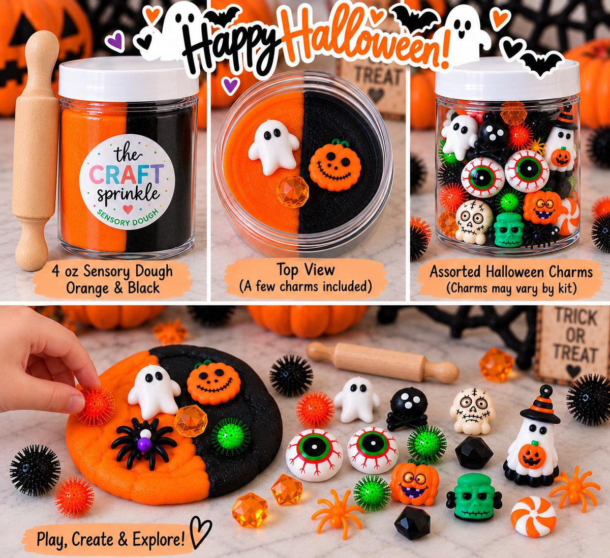 Halloween Sensory Dough Kit | Orange & Black Dough + Spooky Trinkets + Mini Rolling Pin