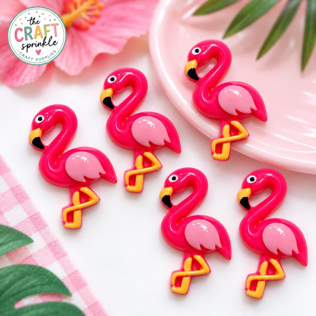Pink Flamingo Cabochons Set of 5 –  Tropical 3D Embellishments - Decoden, Slime, DIY Craft Supplies